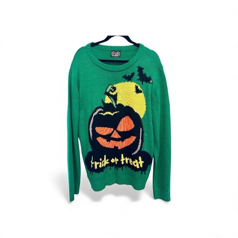 Green Halloween Sweater with Pumpkin Design Large